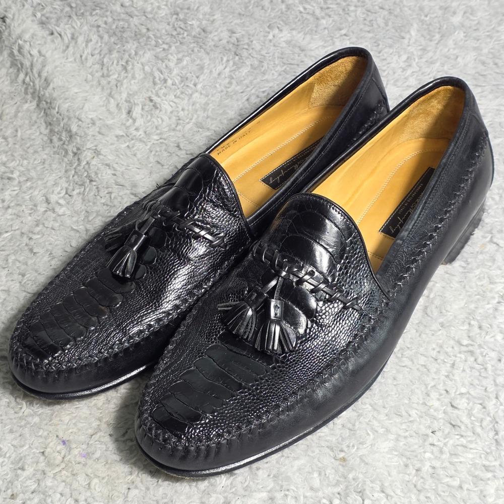 Johnston & Murphy Tassel Loafers Black Exotic Ostrich Leather Italian Mens 13 M